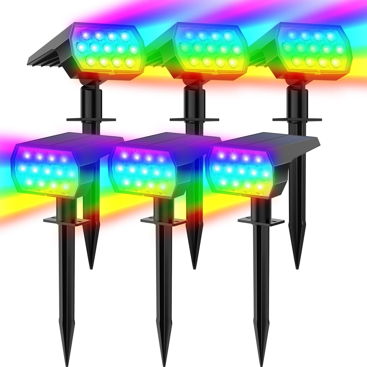 WELALO solar color-changing spotlights on ground stakes brighten garden paths.
