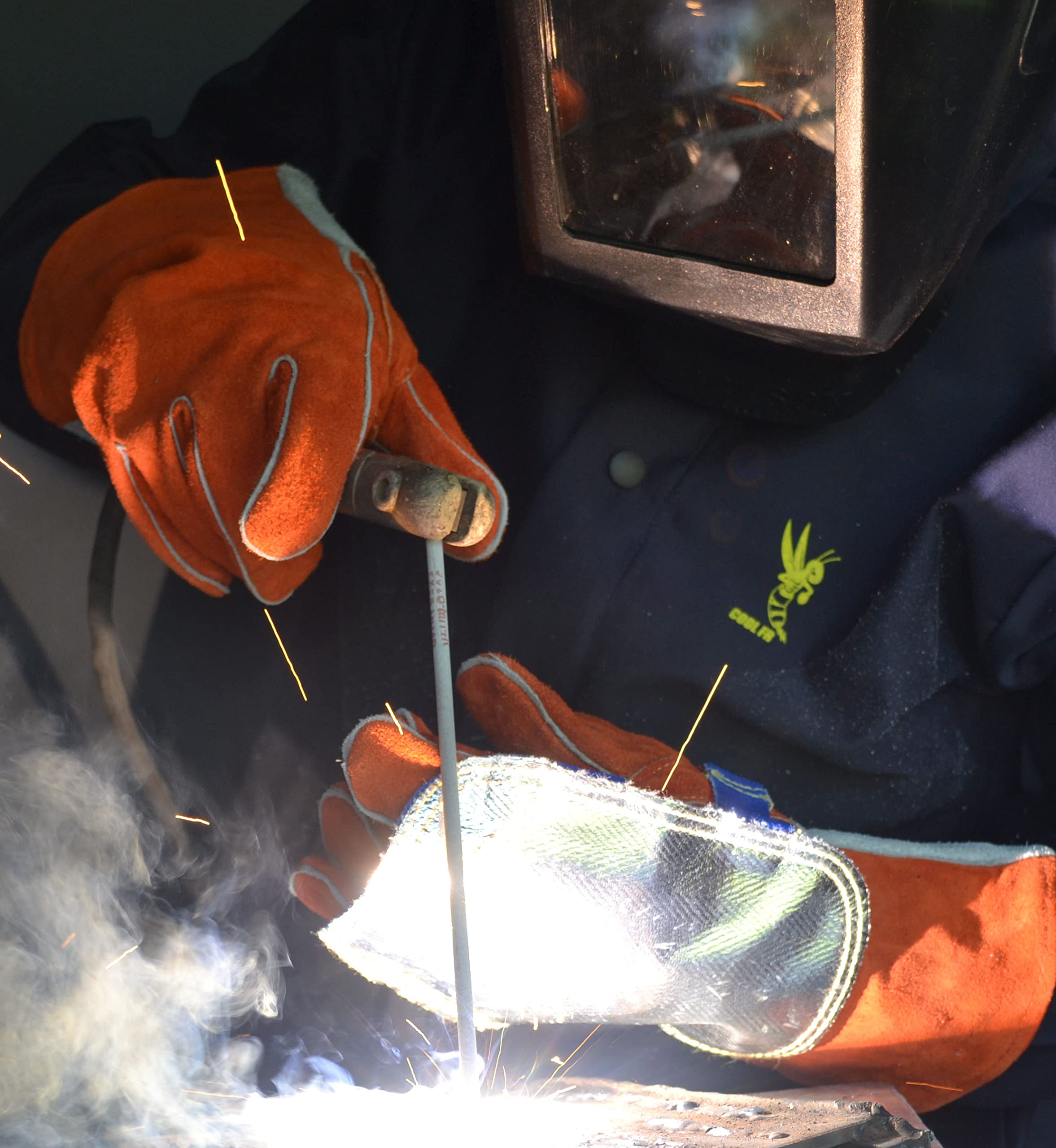 Kevlar stitching detail on Weldas pad enhances durability during long welding sessions