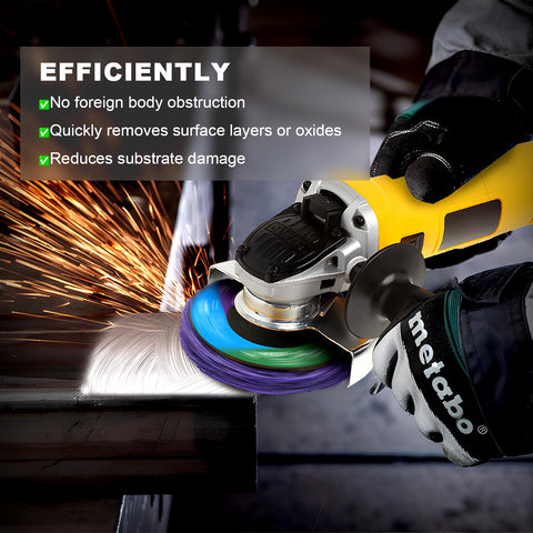 WelderElite purple strip-disc mounted on an angle grinder for rust cleanup.