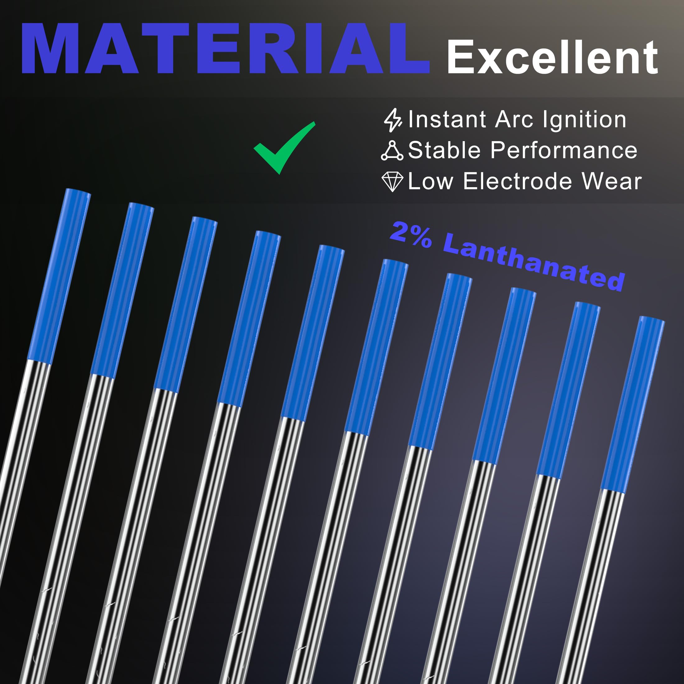 WelderElite blue 2% lanthanated tungsten for efficient AC/DC TIG welding.