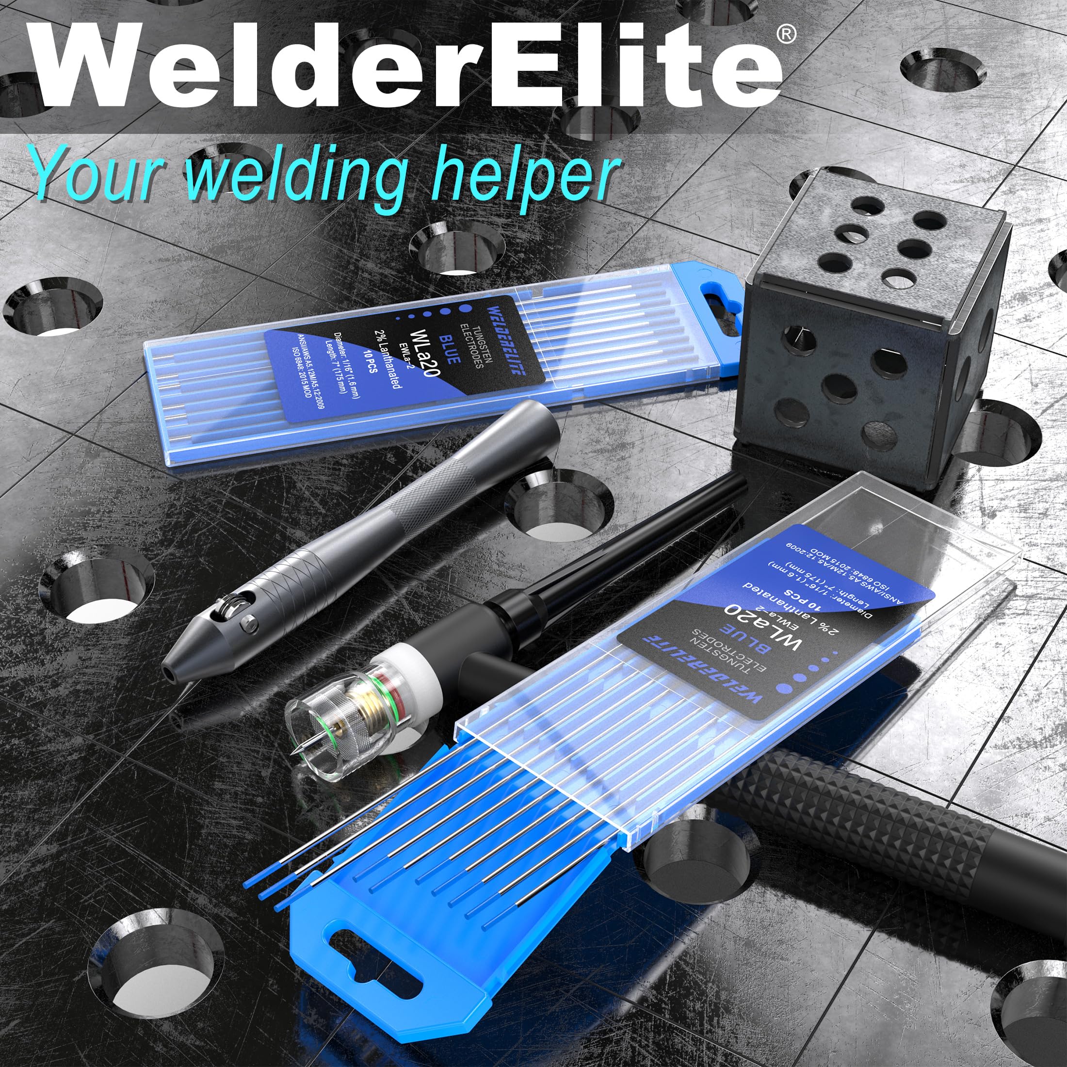 WelderElite color-coded blue label aids quick identification on the bench.