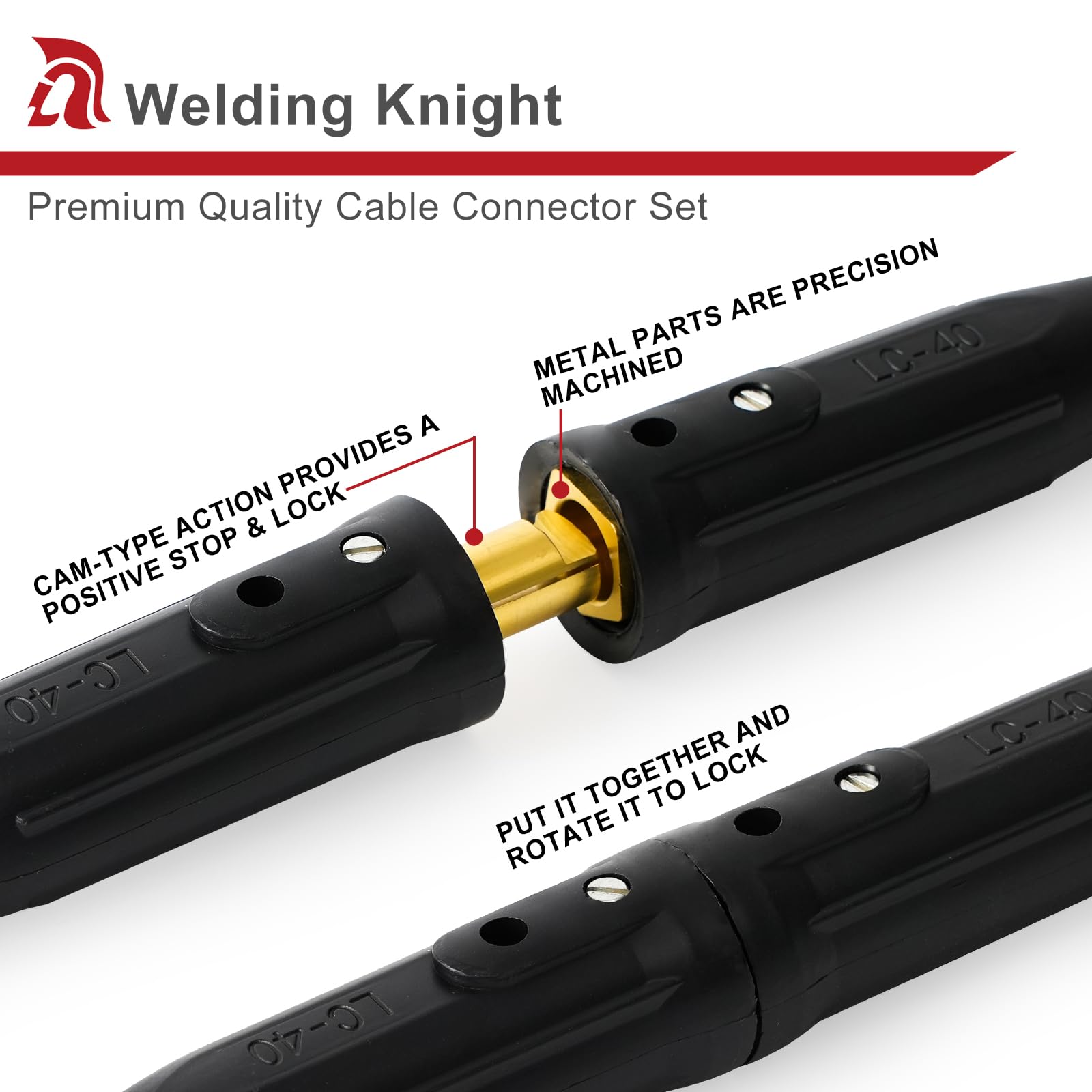 Welding Knight LC40 high‑current connectors for 350 A with 50–70 mm² cables.