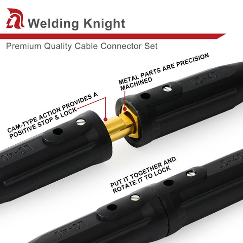 Welding Knight LC40 high‑current connectors for 350 A with 50–70 mm² cables.