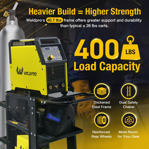 W Weldpro welding cart storage layout with bottom shelf and upper trays