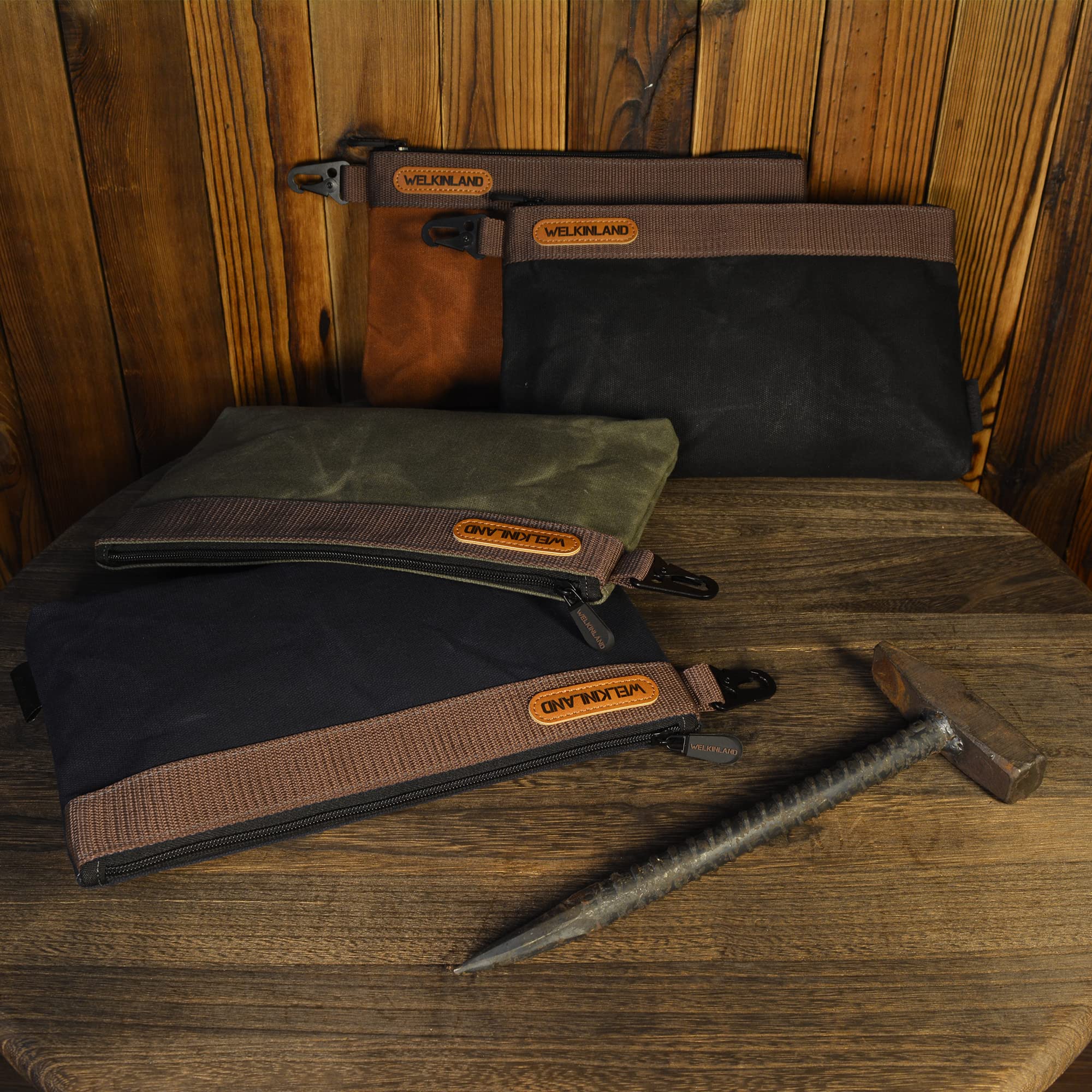 Welkinland 12-inch waxed canvas pouch open showing spacious interior for multiple tools