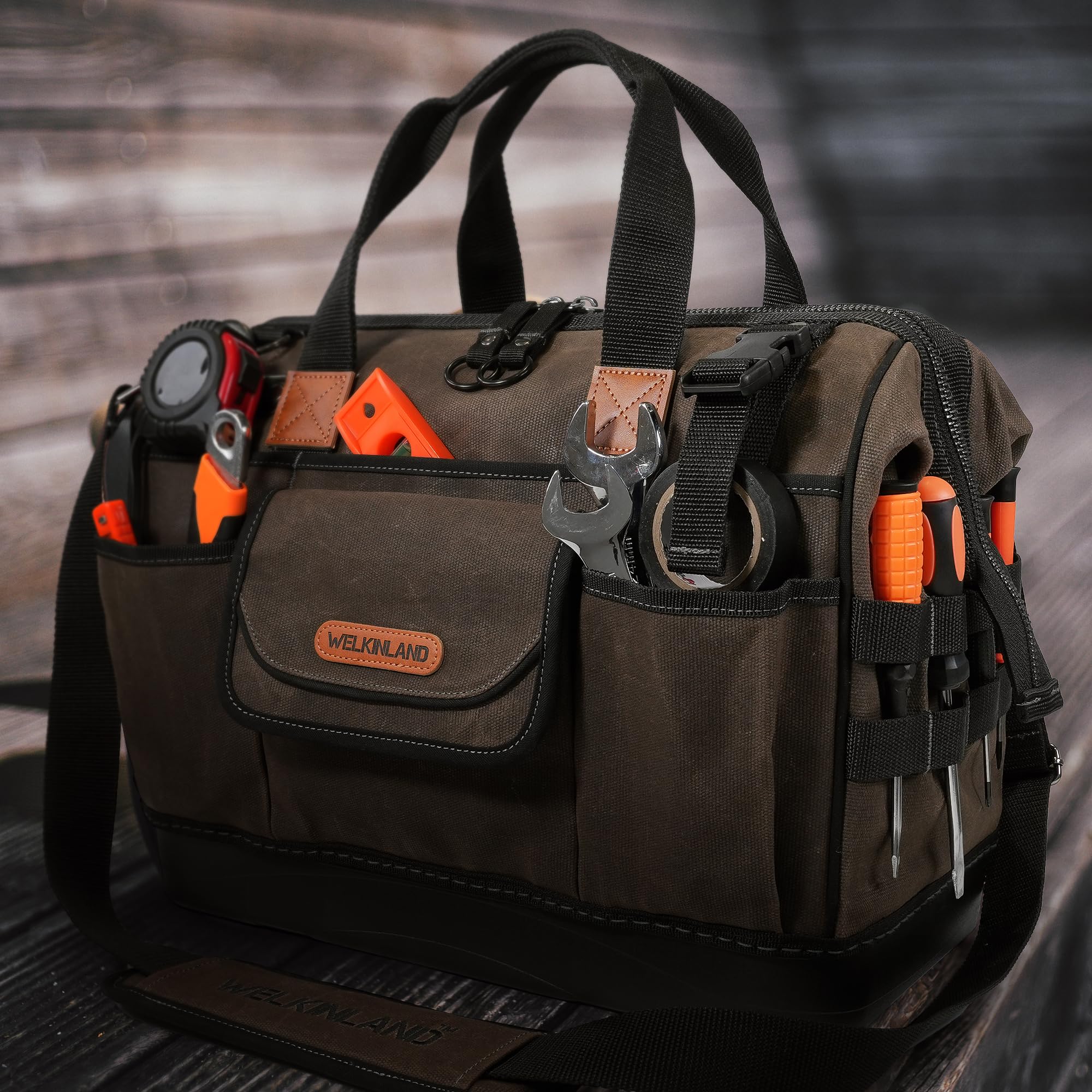 Welkinland 16-inch heavy-duty tool bag designed for electricians, durable and spacious