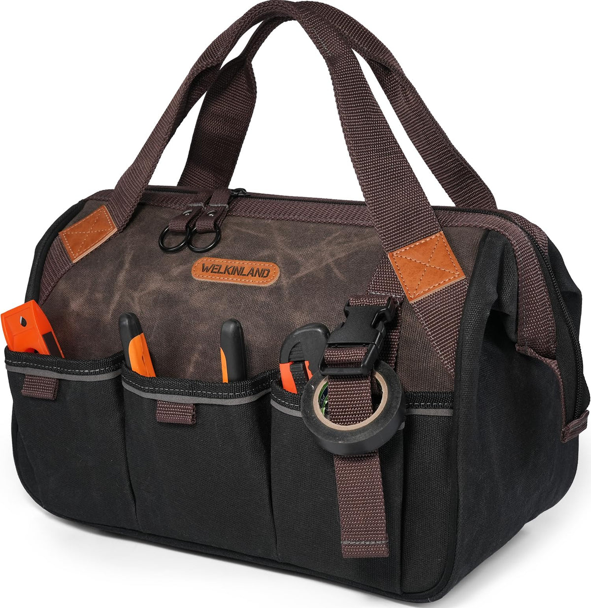 Welkinland 18-pocket tools bag front view for rugged organization and easy access.
