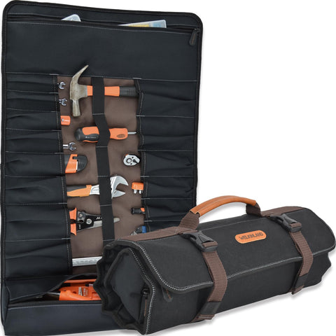 WELKINLAND 18-pocket tool roll unrolled with organized slots and durable waxed canvas.