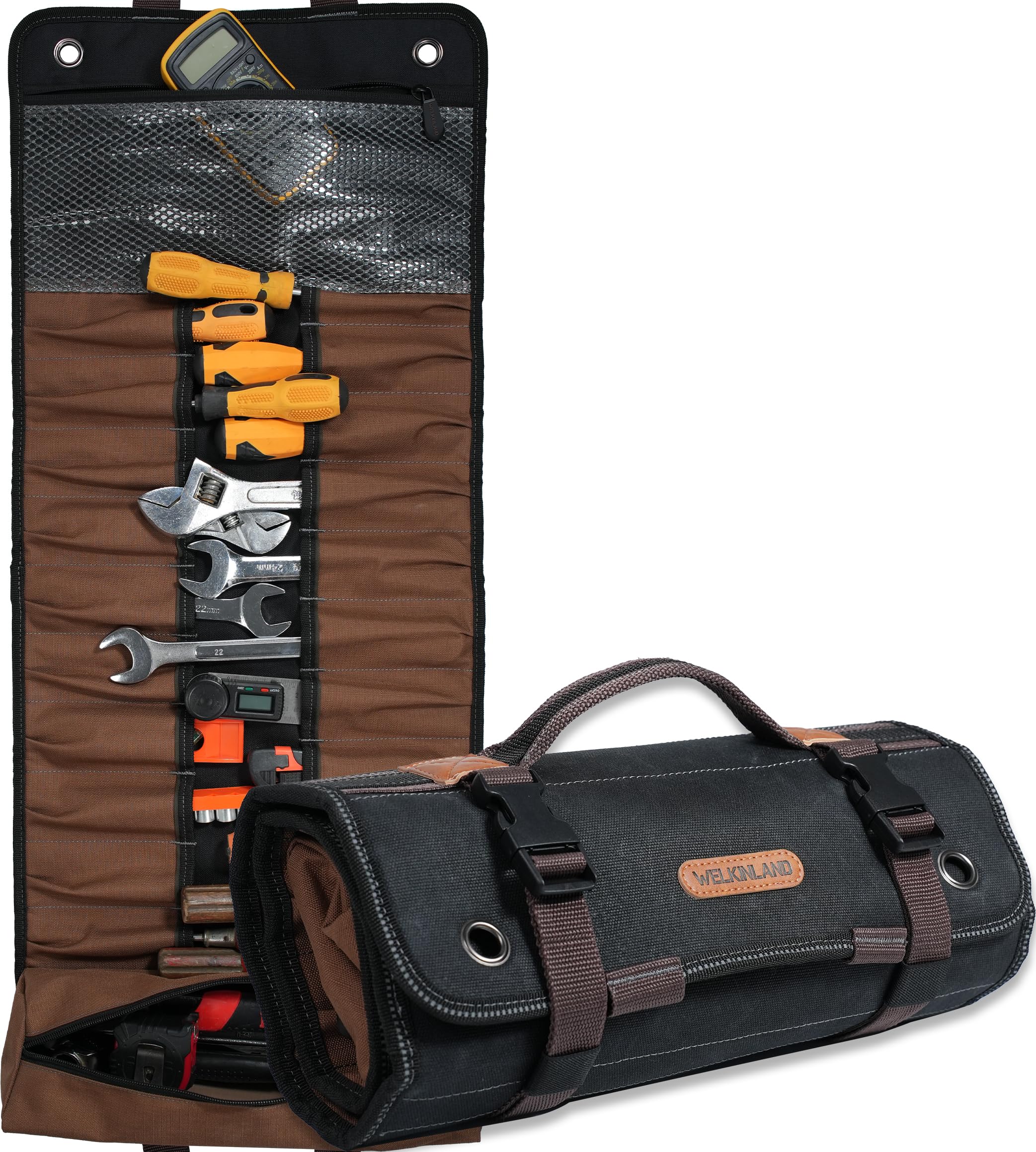 Welkinland 23-pocket canvas tool roll outer view showing rugged design for daily use