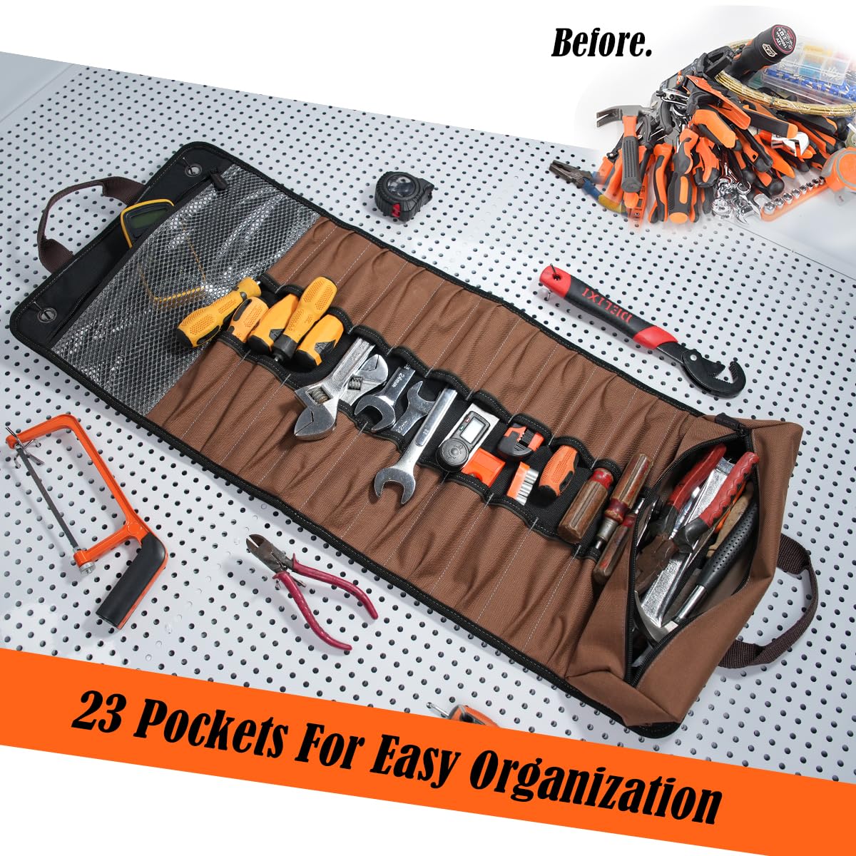 Welkinland 23-pocket canvas tool roll with two zipper pockets for small parts