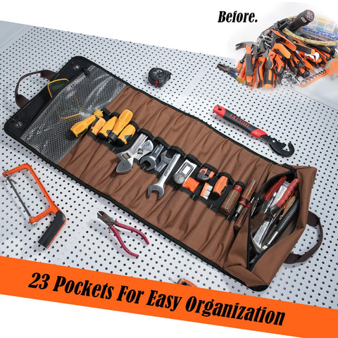 Welkinland 23-pocket canvas tool roll with two zipper pockets for small parts
