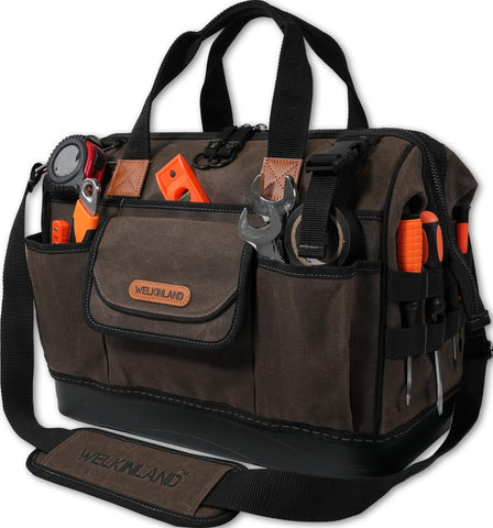 Welkinland 45-pocket waxed canvas tool bag, front view, organized compartments for quick access