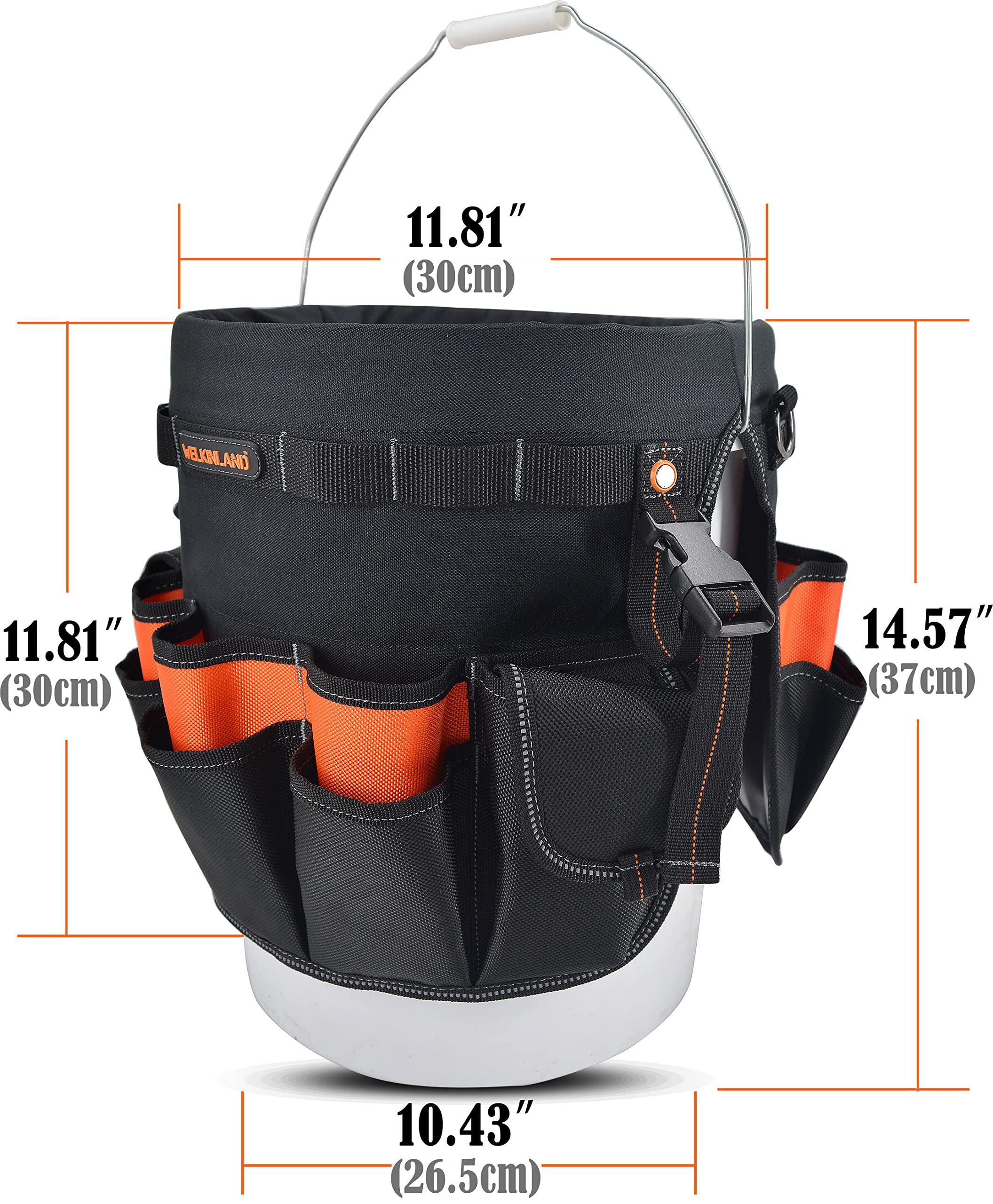 WELKINLAND bucket holder in action illustrates easy access during tasks.