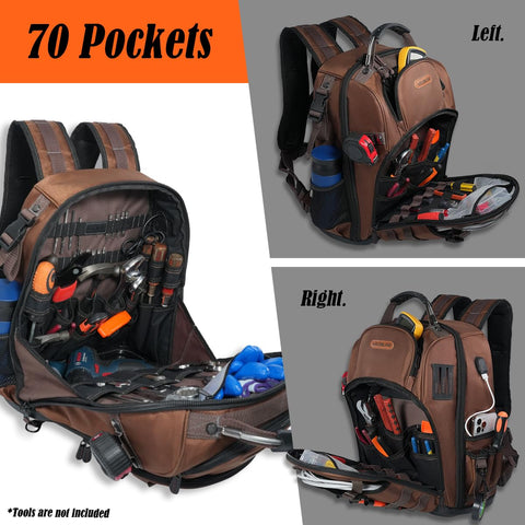 Welkinland 70-Pockets HVAC Backpack heavy-duty shell withstands demanding job sites.