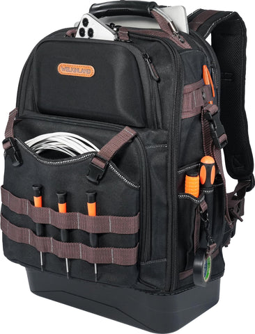 Welkinland 76Pockets tool backpack front view with organized pockets for on-site access