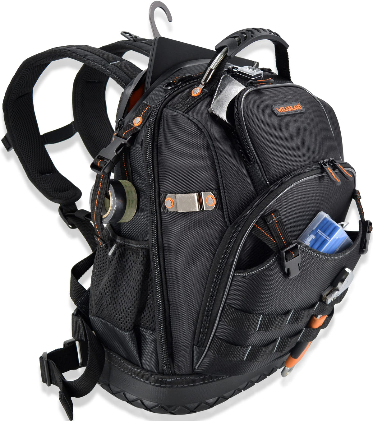 WELKINLAND 77-Pockets backpack front view highlights organized pockets for quick access to essential tools.