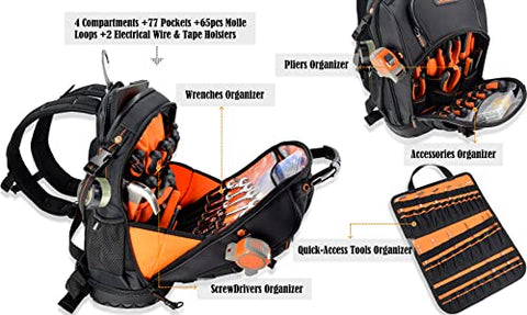 WELKINLAND 77-Pockets backpack side view demonstrates ample capacity for a full toolkit.