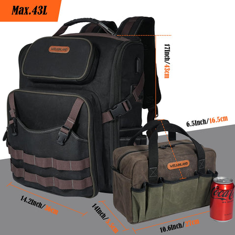 Welkinland backpack in use on a job site demonstrating organized tool access