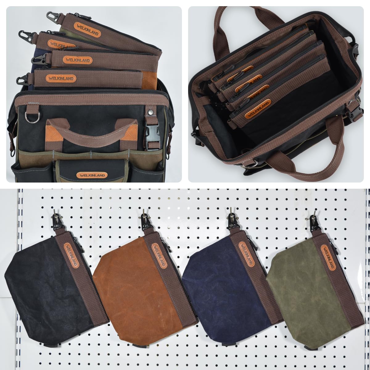 WELKINLAND brown tool pouch for easy tool identification.