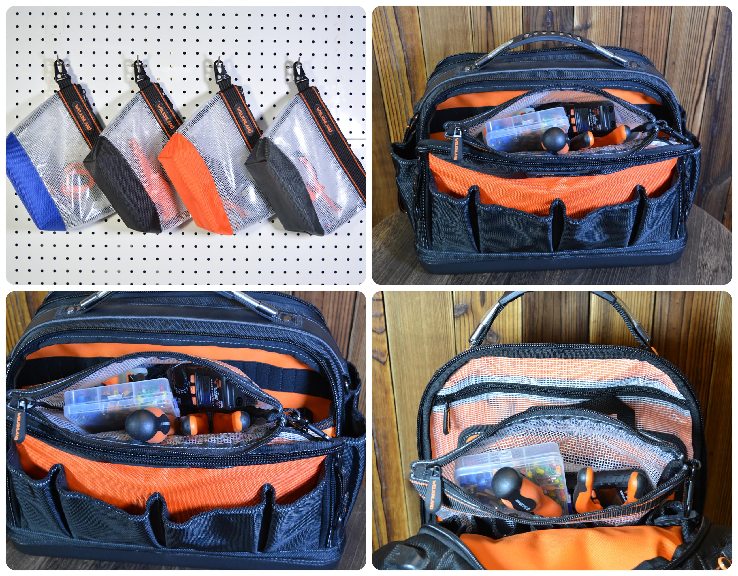 Welkinland metal clip enables easy chaining to other pouches or belts.