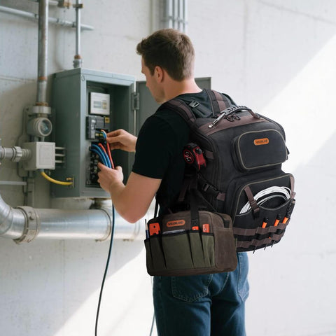 Welkinland electrician backpack side view highlighting rugged pockets for tools