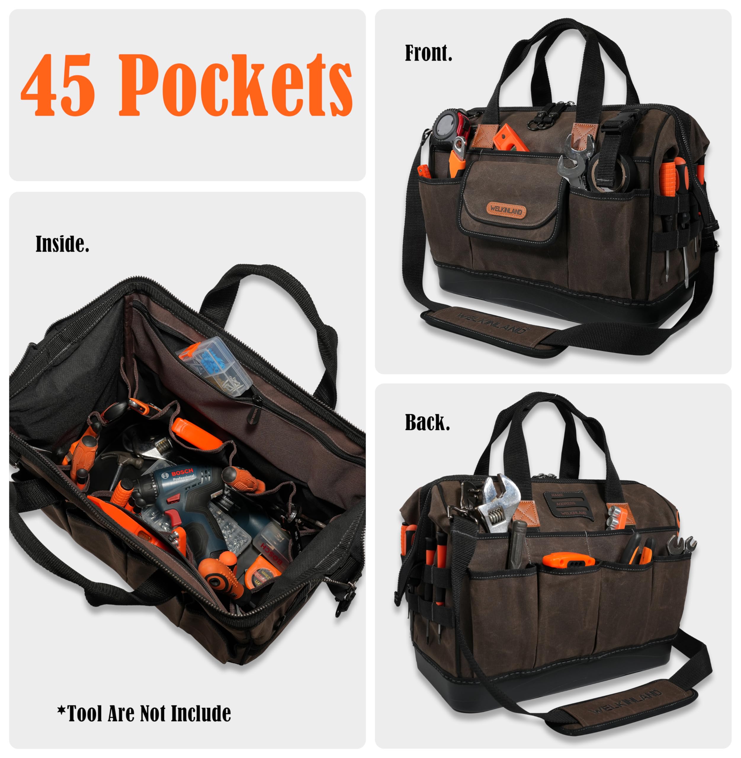 Welkinland hard-bottom tool bag, waterproof base protects tools on rough job sites