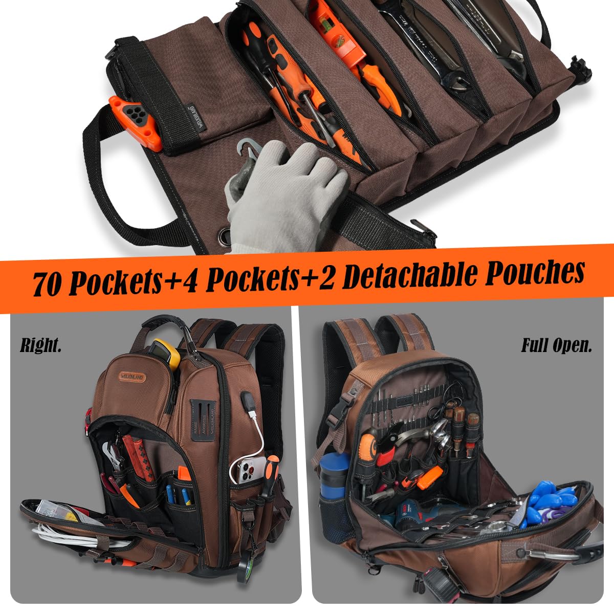 WELKINLAND heavy-duty 1680D shell protects tools in tough work environments.