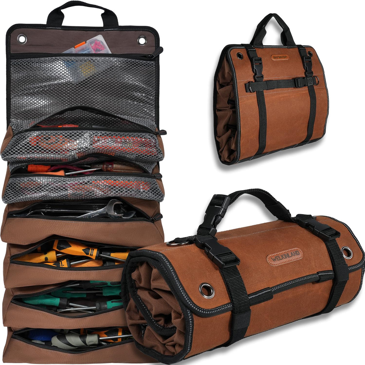 Welkinland heavy-duty tool roll front view with rugged waxed canvas.