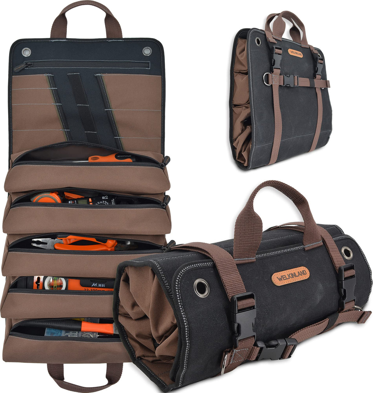 Welkinland heavy-duty tool roll open showing 15 pockets for quick access