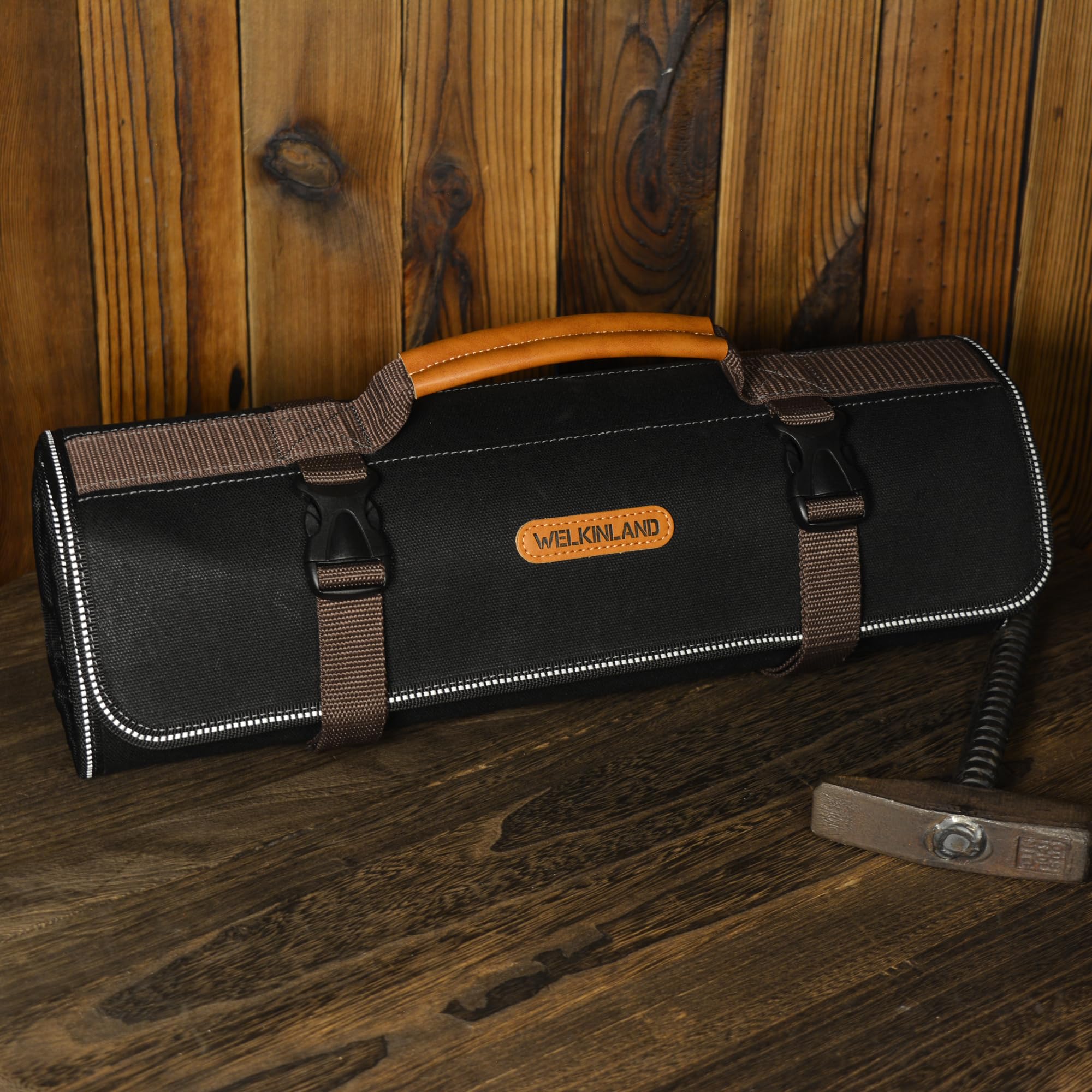 WELKINLAND heavy-duty tool roll shows rugged exterior for tough job sites.