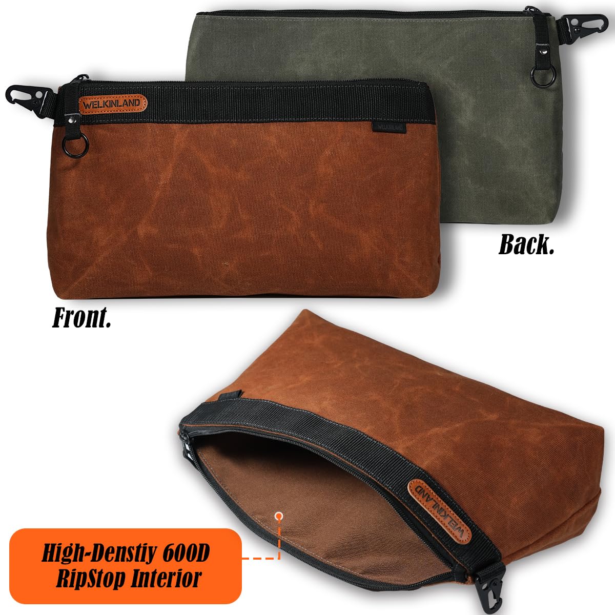 Welkinland large-capacity pouch measures 14.18 by 4.73 by 8.27 inches.