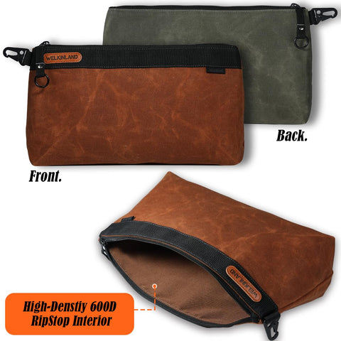 Welkinland large-capacity pouch measures 14.18 by 4.73 by 8.27 inches.