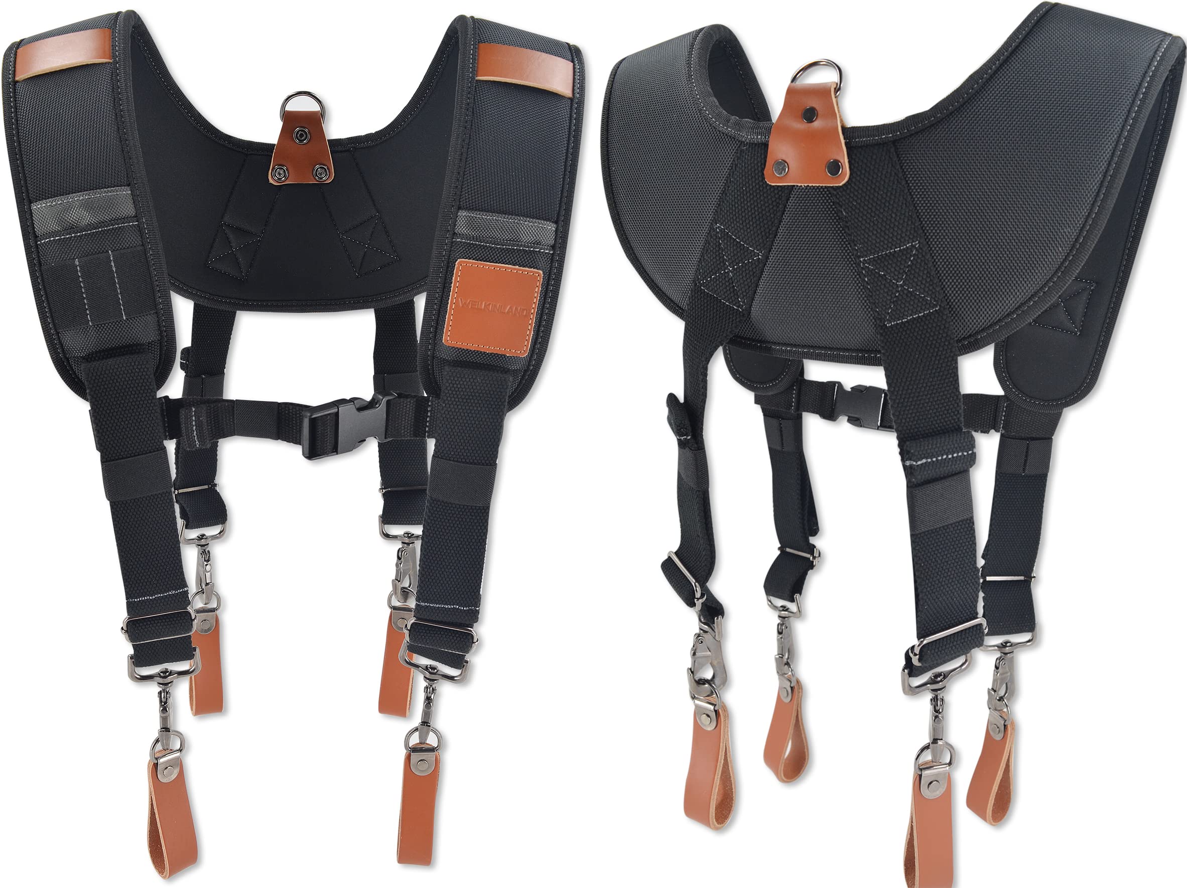 WELKINLAND leather suspender straps close-up highlighting comfortable shoulder fit