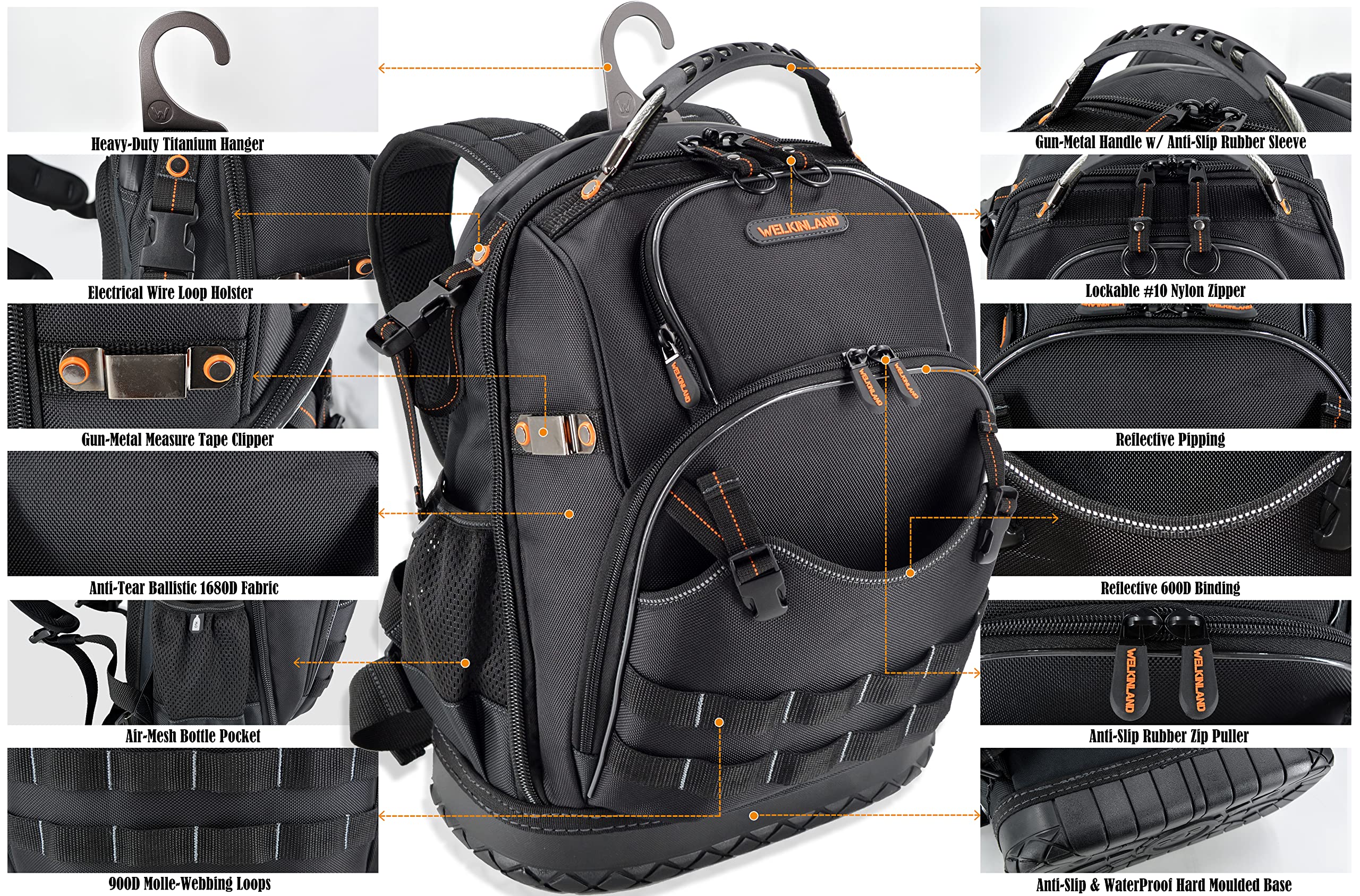 WELKINLAND nylon zipper closure provides secure tool access and longevity.