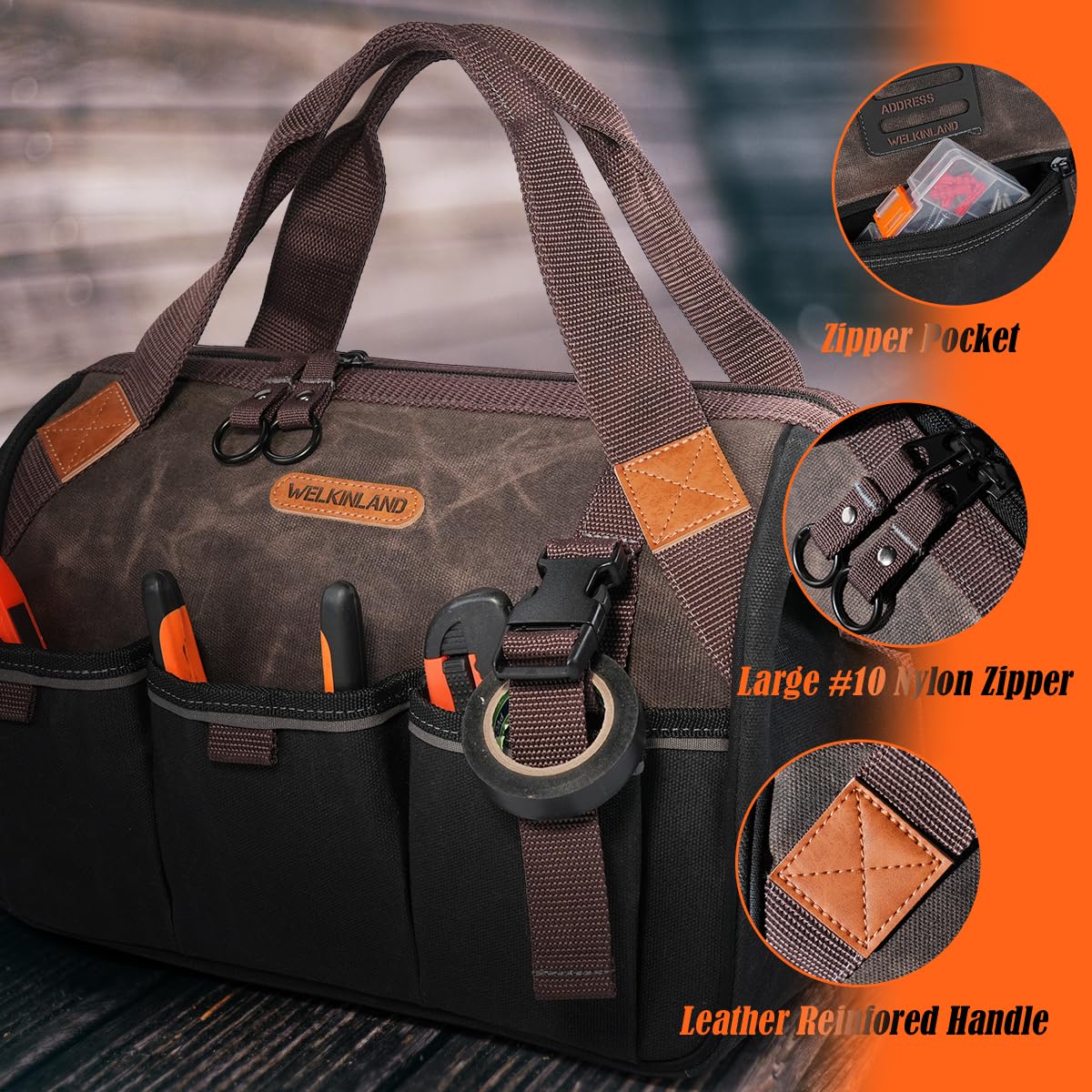 Welkinland professional tool bag in use at a worksite for organized access.
