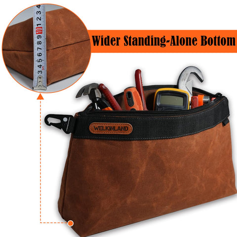 Welkinland stand-alone flat base keeps pouch upright on ladders or trucks.