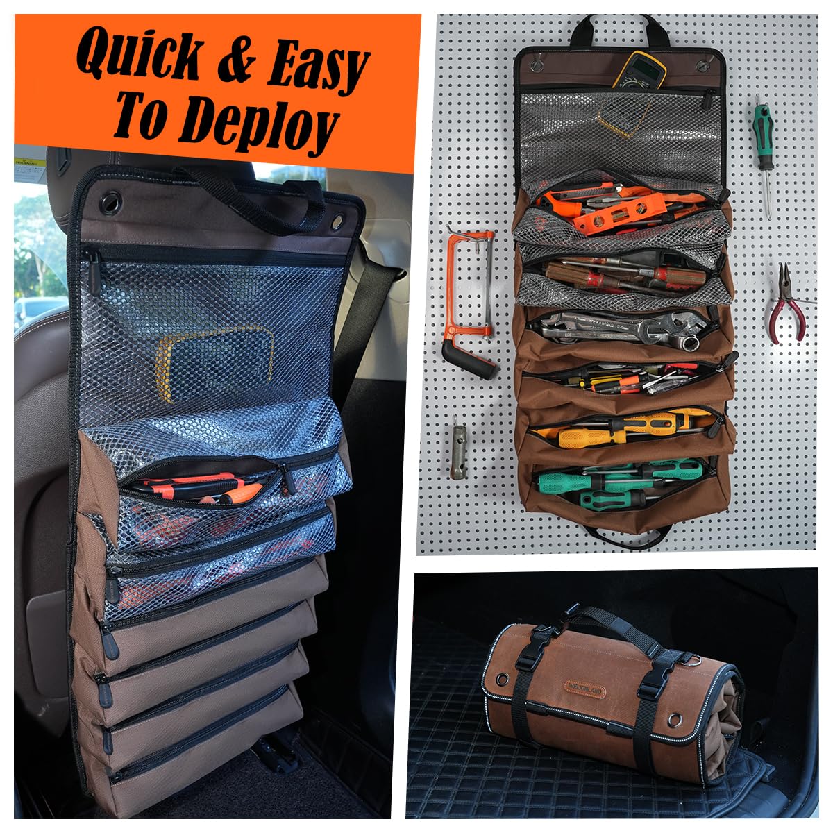 Three clear pockets offer instant visibility of essential tools.