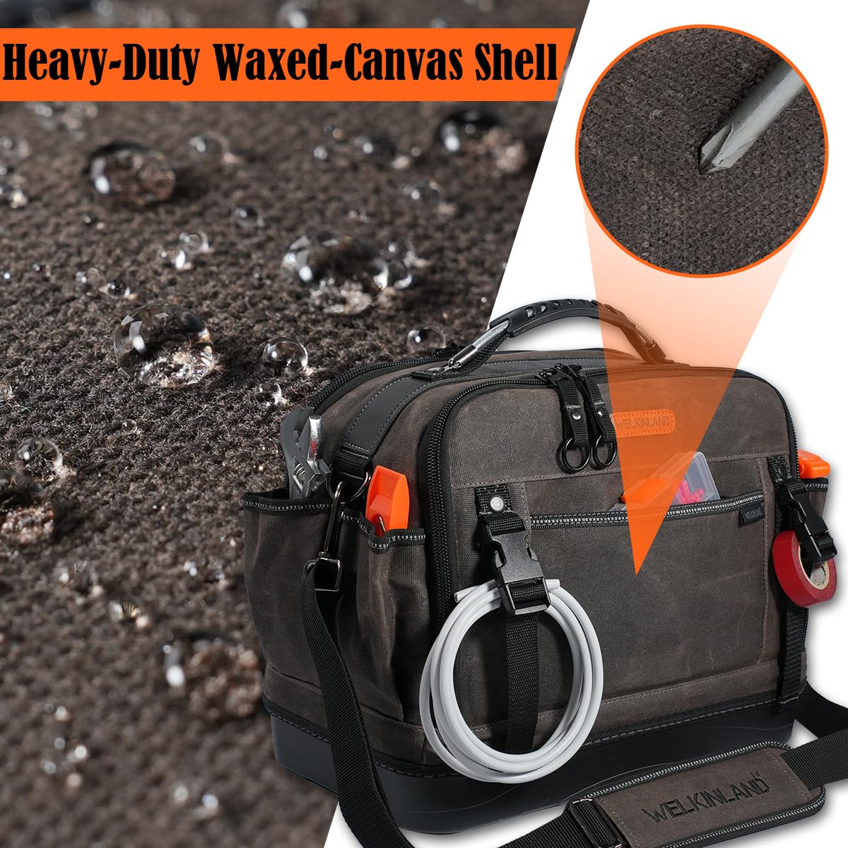 WELKINLAND waterproof waxed canvas top-open view keeps tools dry