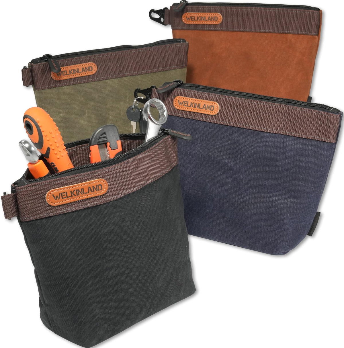 WELKINLAND waxed canvas tool pouch set in four colors for quick organization.