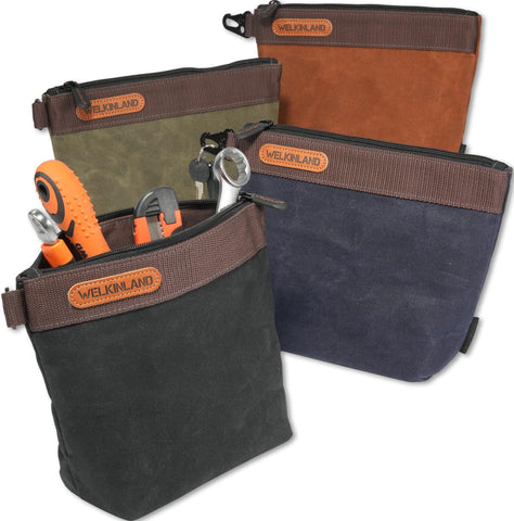 WELKINLAND waxed canvas tool pouch set in four colors for quick organization.