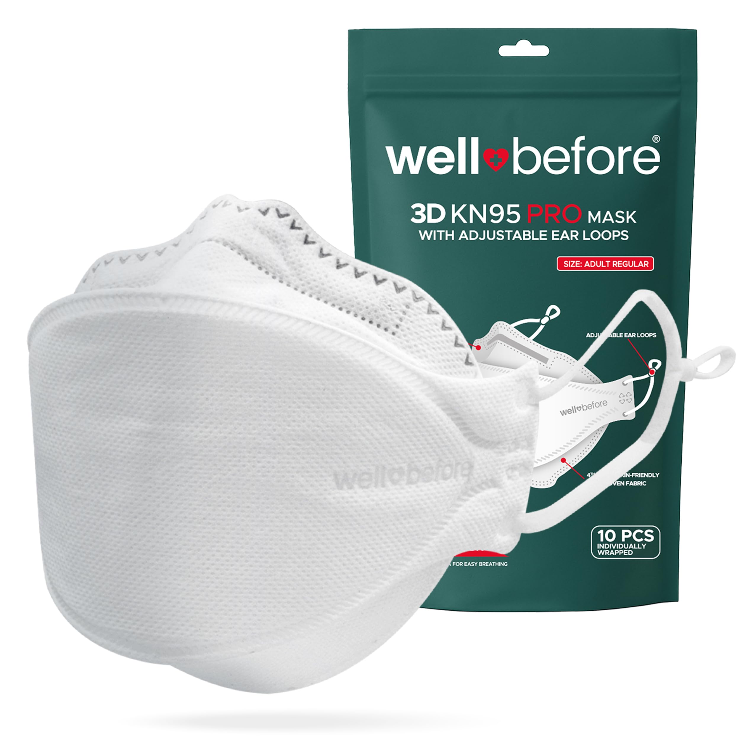 Well Before 3D PRO KN95 Mask with adjustable ear loops for a secure fit.