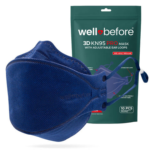 Well Before Premium 3D Pro KN95 Denim Mask with adjustable ear loops for a secure fit.