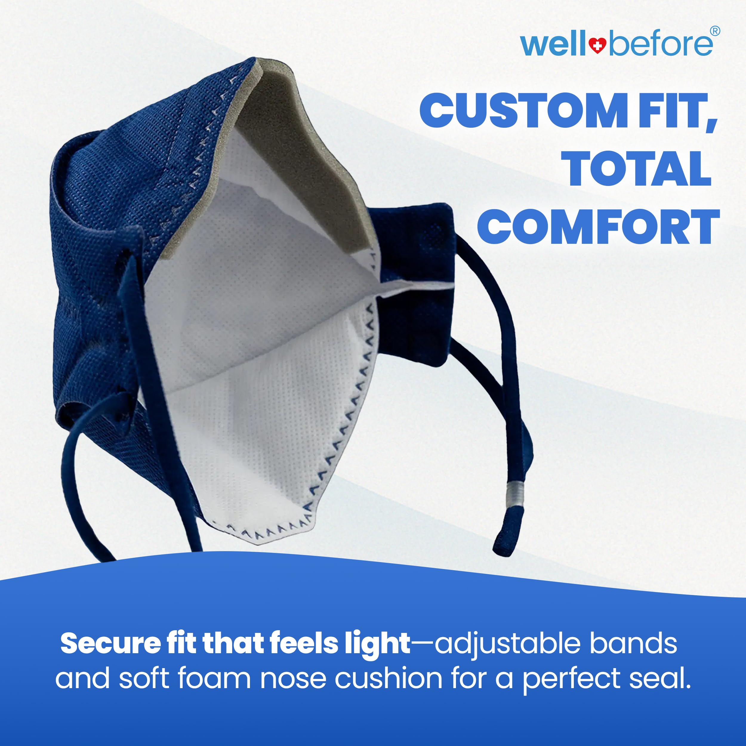 Well Before KN95 Denim Mask with ergonomic 3D design for snug coverage.