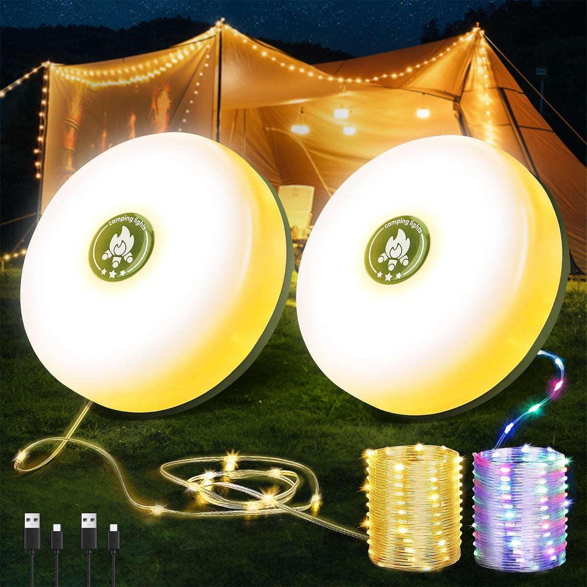 Wellgium 2-pack camping string lights, 32.8 ft, portable for outdoor setup