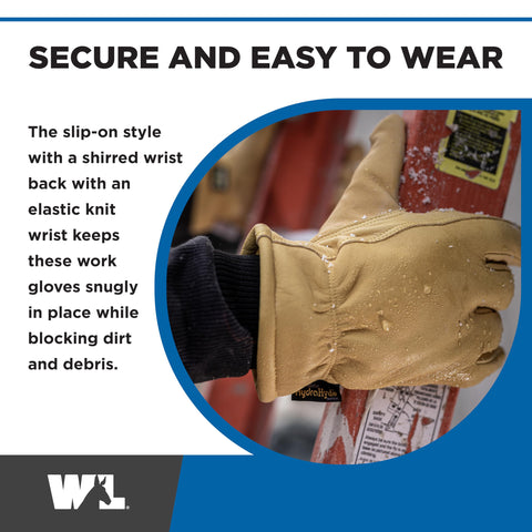 Wells Lamont HydraHyde gloves — elastic wrist slip-on for quick on/off.