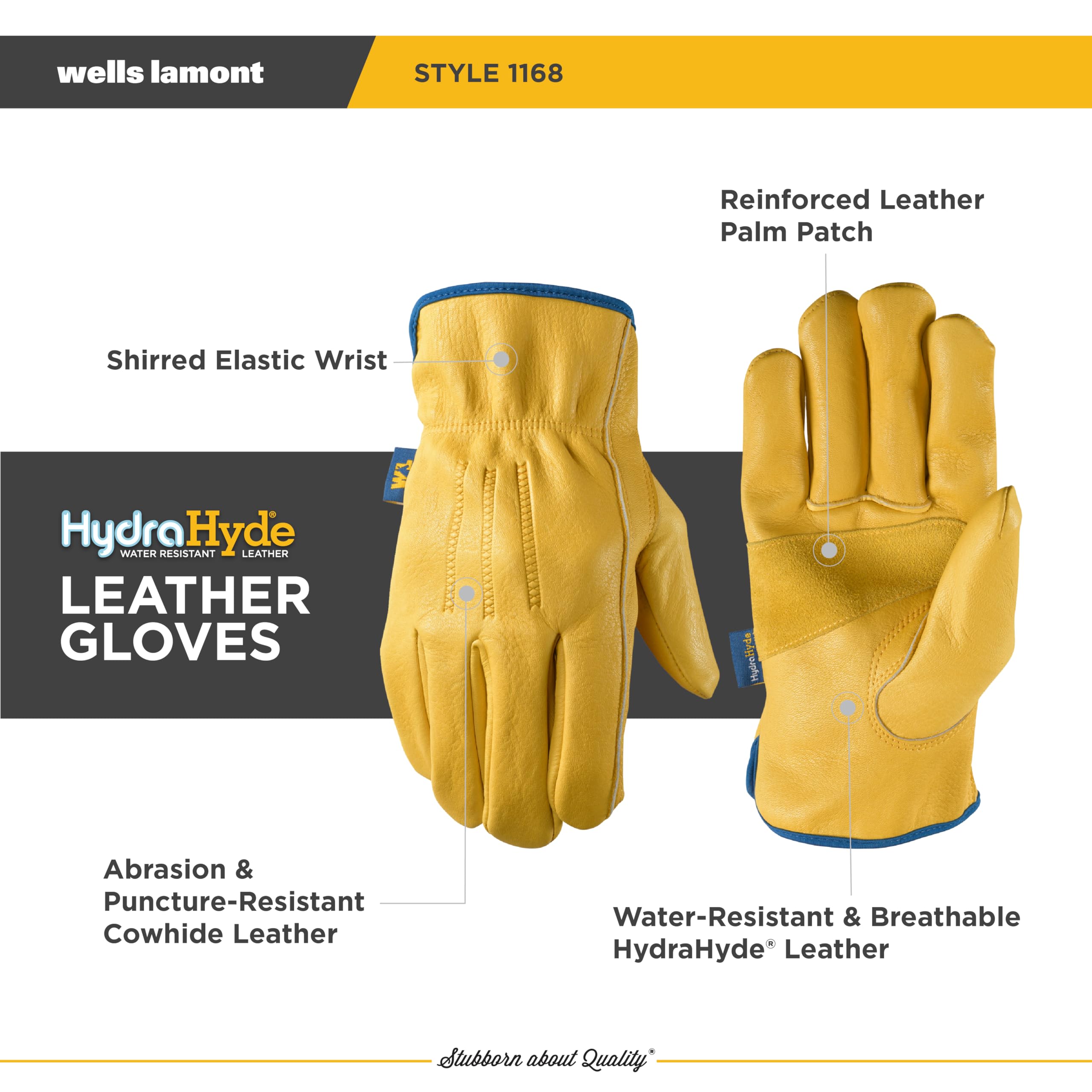 Wells Lamont HydraHyde reinforced palm patch enhances grip and durability.