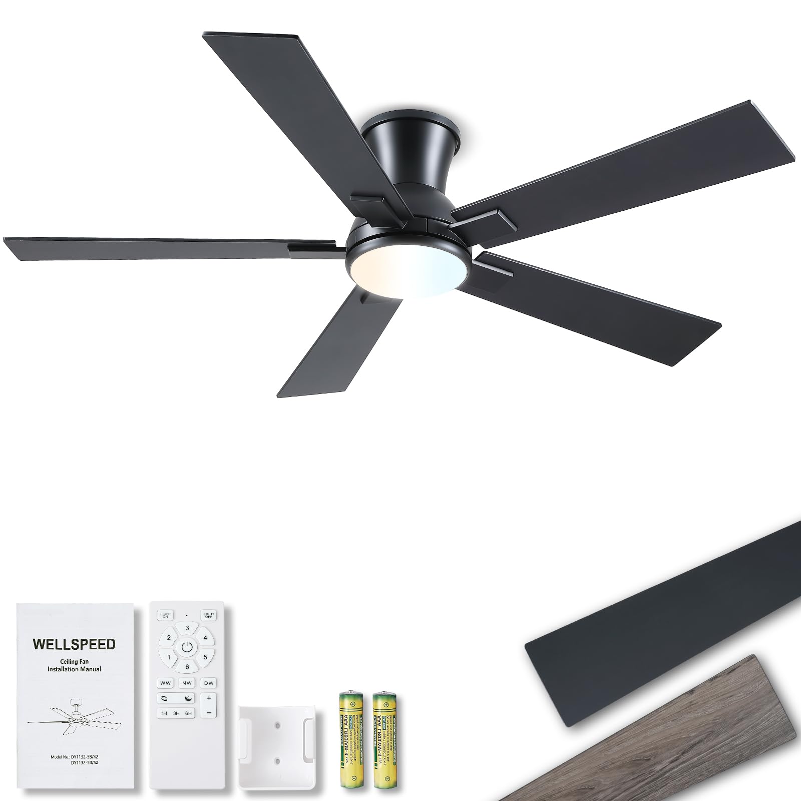 Wellspeed 52inch black flush-mount ceiling fan with light for bright, energy-efficient cooling