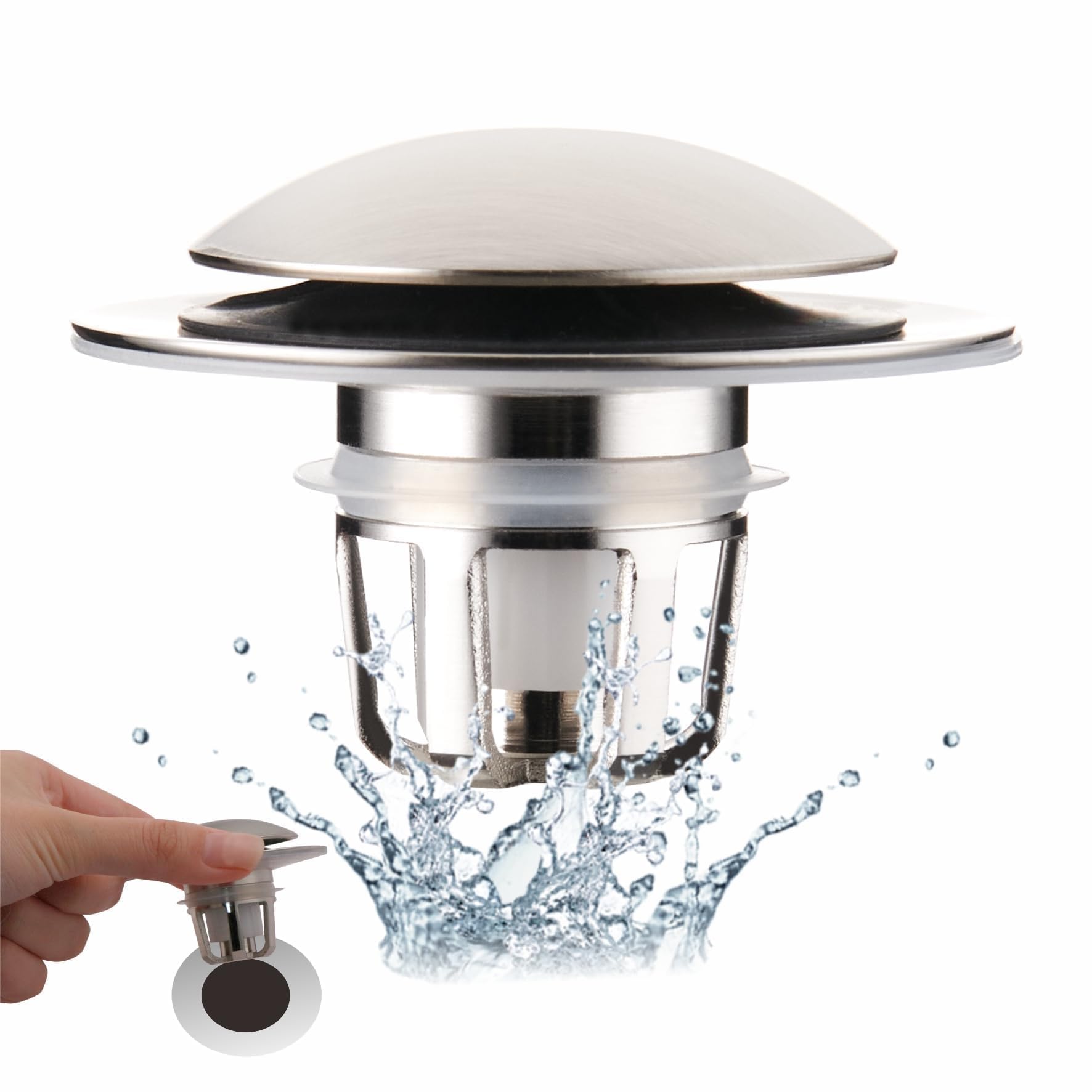 WELLUP brushed nickel bathroom sink stopper front view with fast sealing and stylish look.