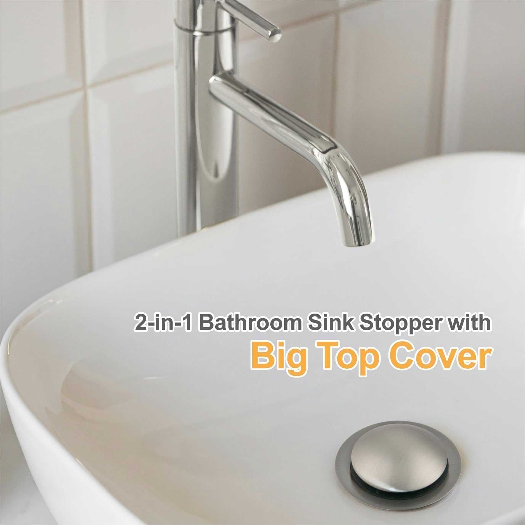 WELLUP brushed nickel drain stopper close-up shows hair catcher for reduced clogs.