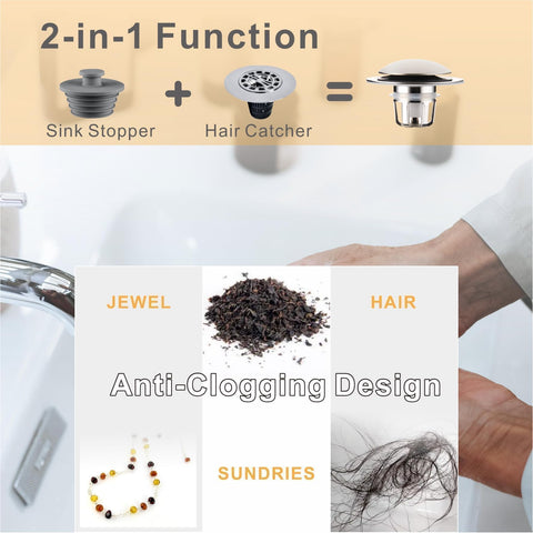 WELLUP brushed nickel stopper engaged to keep water in while filtering debris.